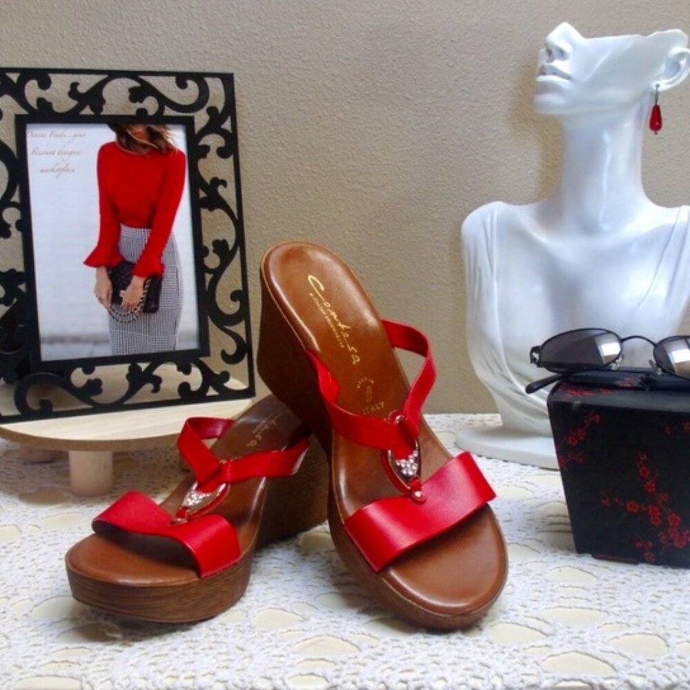 Contessa Italian Shoemakers Rhinestone Bling Red Wedge Sandals 7.5M - Picture 3 of 8